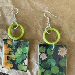 Floral Green and Yellow Dangle Earrings